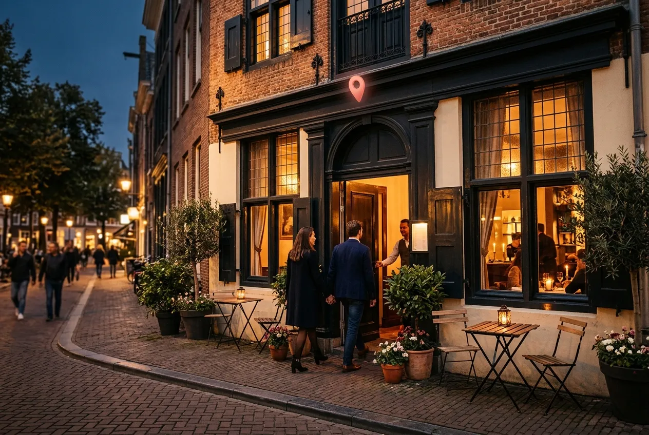 Fachada de restaurante al anochecer con un pin luminoso sobre la entrada y clientes llegando