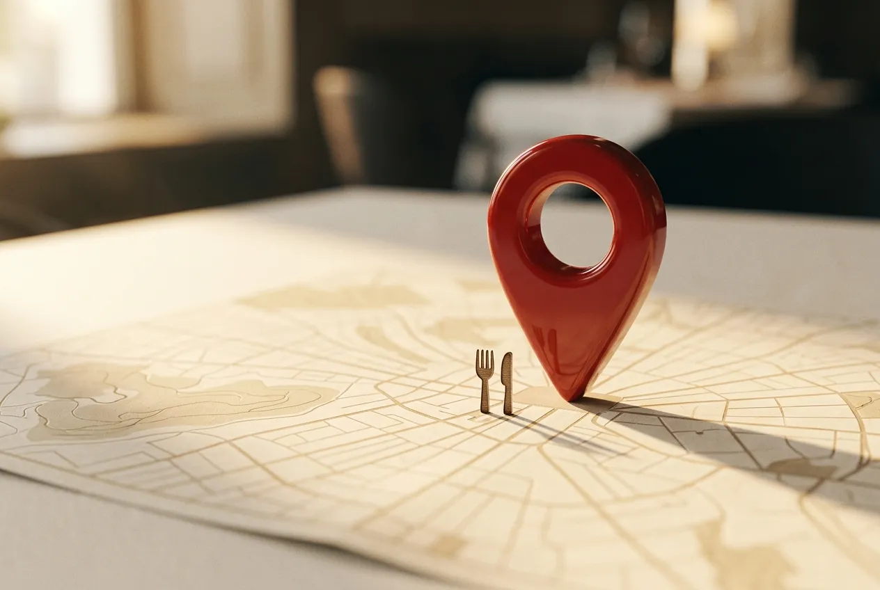Pin rojo sobre un mapa de papel marcando la posición de un restaurante